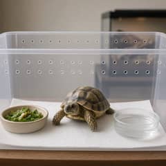 A new tortoise being kept in a separate quarantine tub, away from the household's established tortoise enclosure