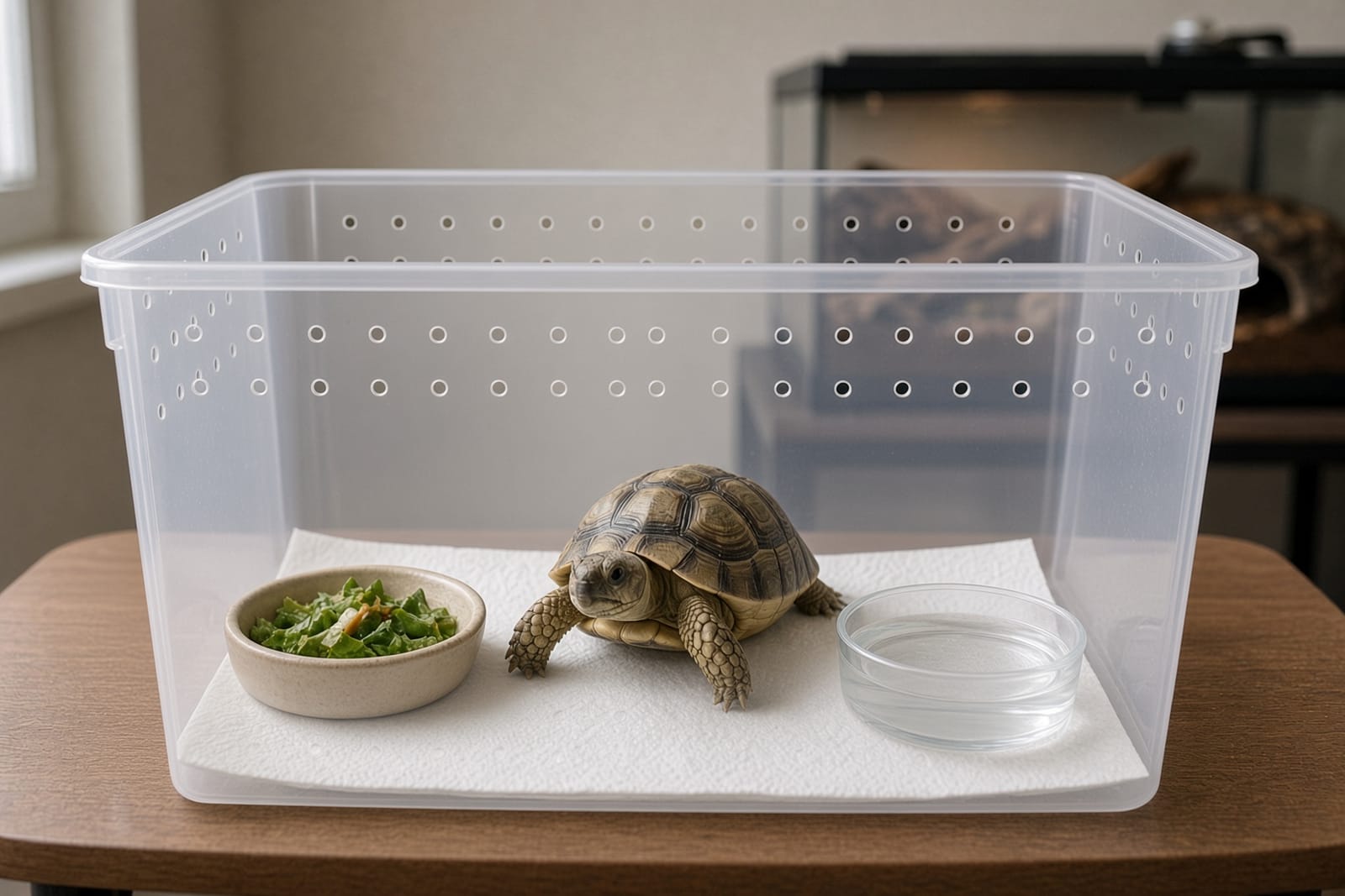 A new tortoise being kept in a separate quarantine tub, away from the household's established tortoise enclosure