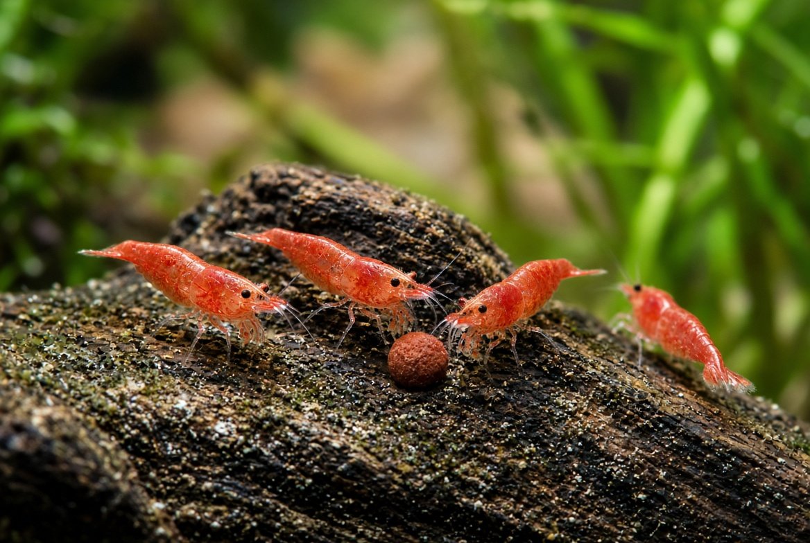 Cherry shrimp grazing on a sinking food wafer and driftwood biofilm in a planted aquarium