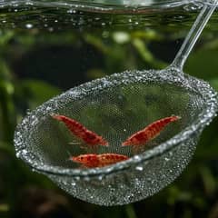 A cherry shrimp being gently guided into a soft aquarium net during a tank transfer