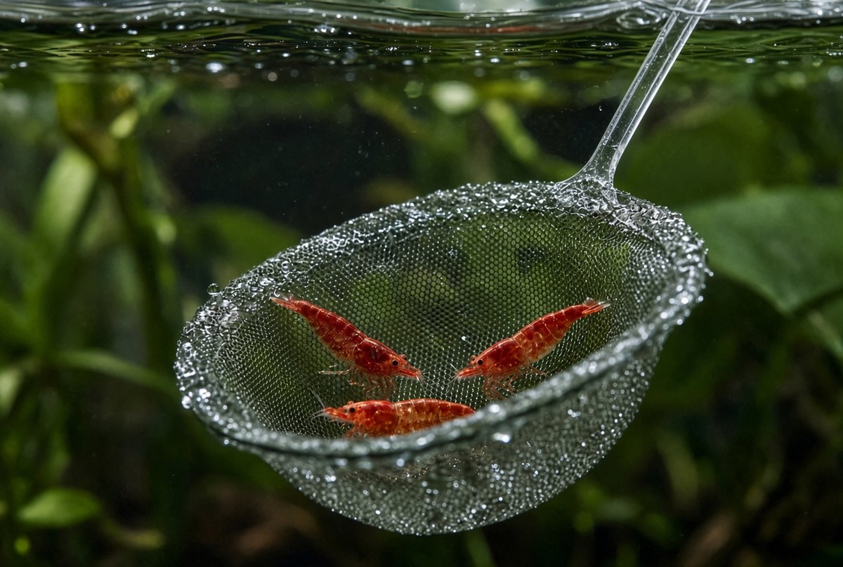 A cherry shrimp being gently guided into a soft aquarium net during a tank transfer