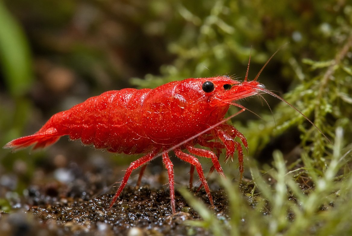 A cherry shrimp resting on driftwood next to its shed exoskeleton after a healthy molt