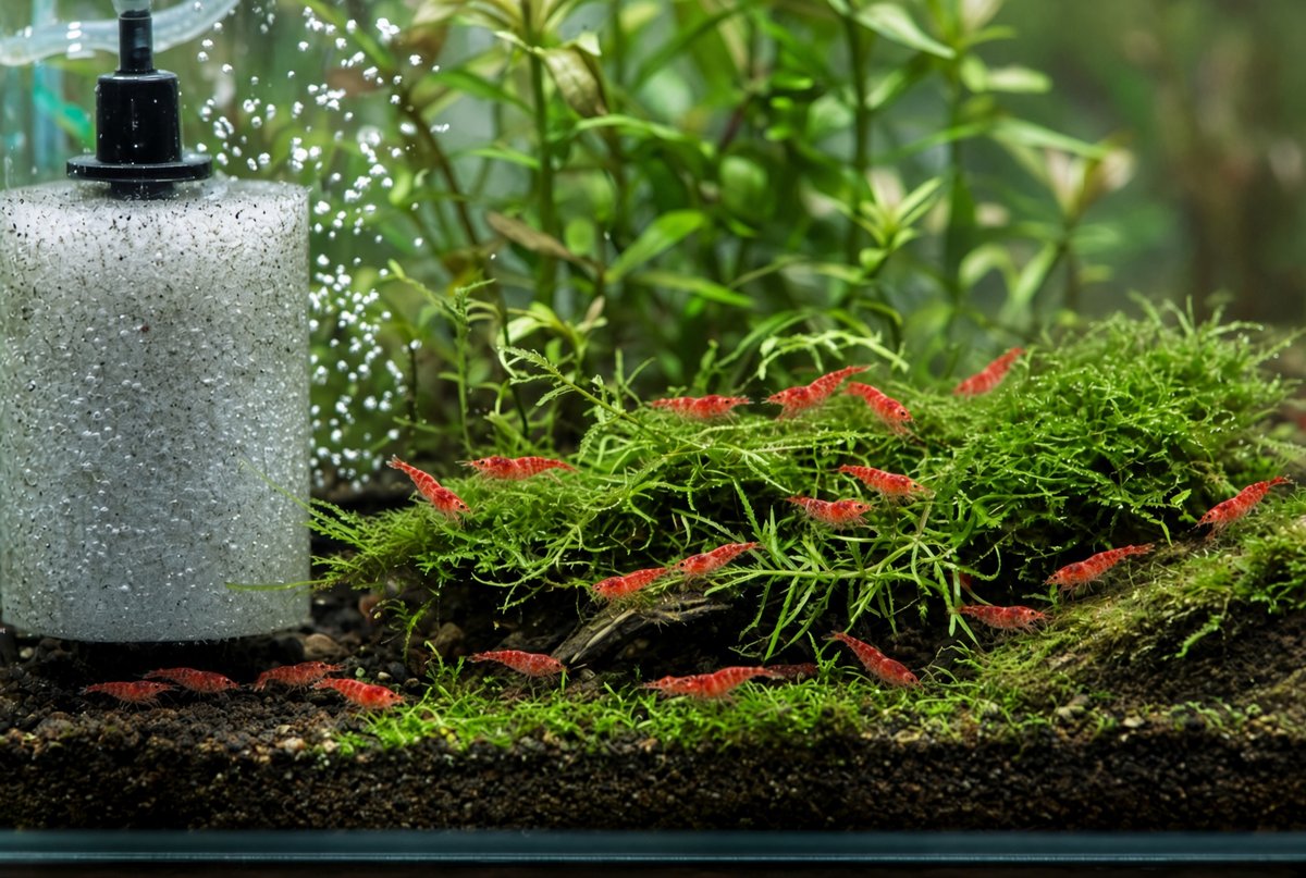 A densely planted cherry shrimp aquarium with driftwood, moss, and a gentle sponge filter