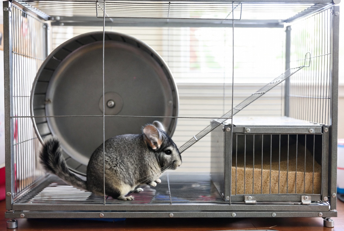 Chinchilla sitting beside its cage, exercise wheel, and dust bath house