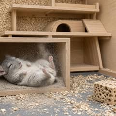 A chinchilla mid-roll in a dust bath house inside a multi-level cage