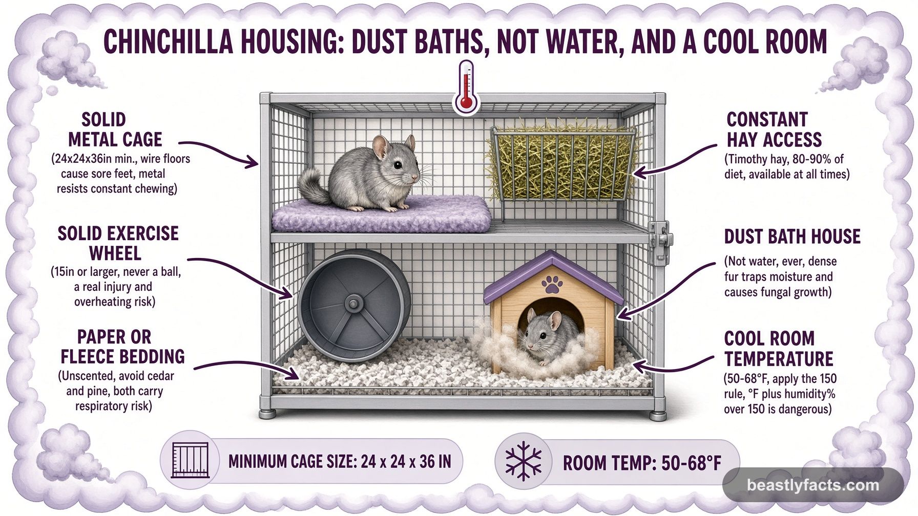 Labeled diagram of a chinchilla cage showing the dust bath house, solid exercise wheel, and constant hay access