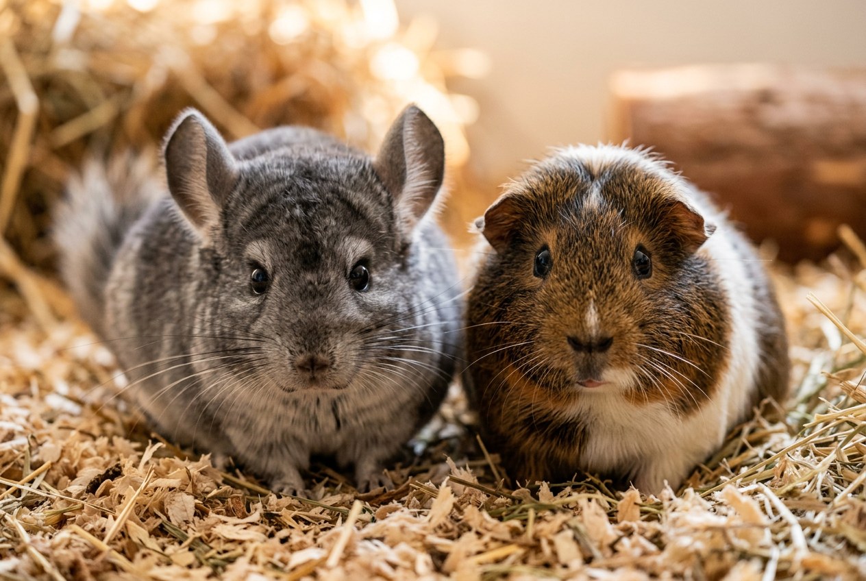 A chinchilla and a guinea pig side by side for size and coat comparison