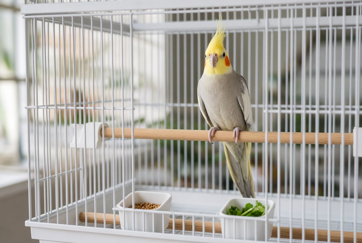 A person crouched at eye level with an open parrot cage at a bird shop, looking closely at one alert cockatiel before choosing it