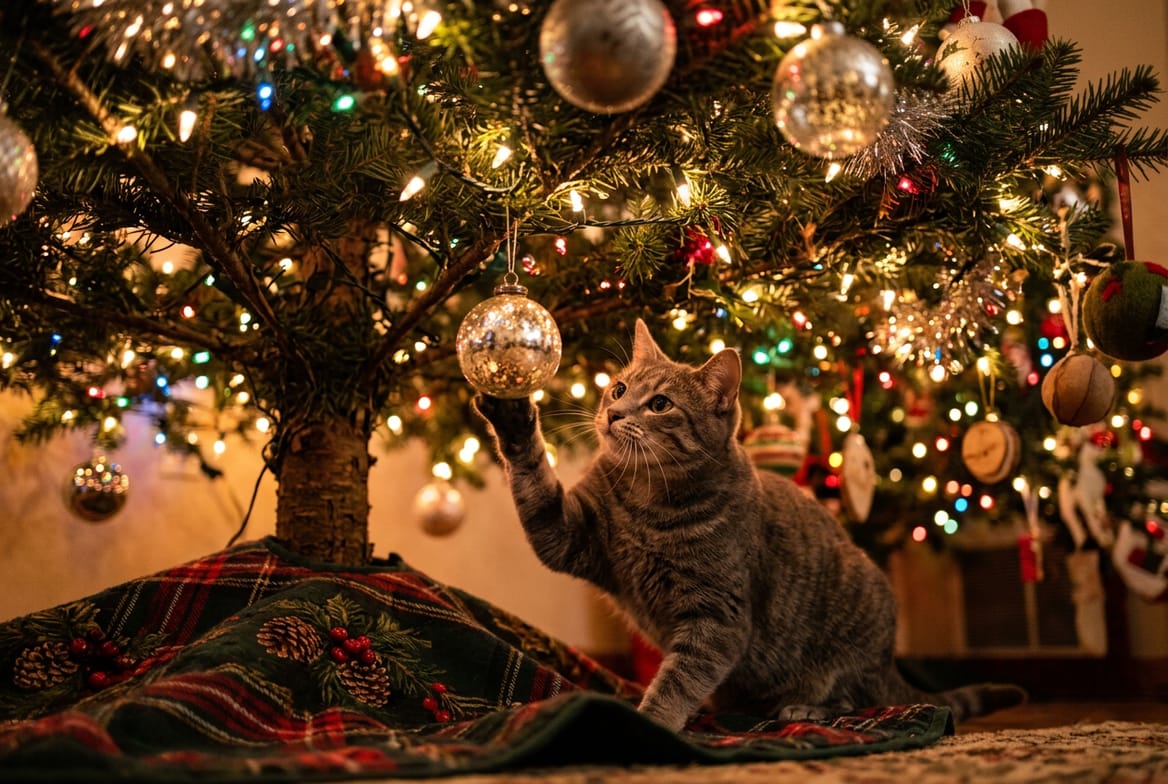 A gray tabby cat sitting on a plaid tree skirt under a lit Christmas tree, one paw raised to a hanging silver glass ornament, tinsel garland on the branches above it