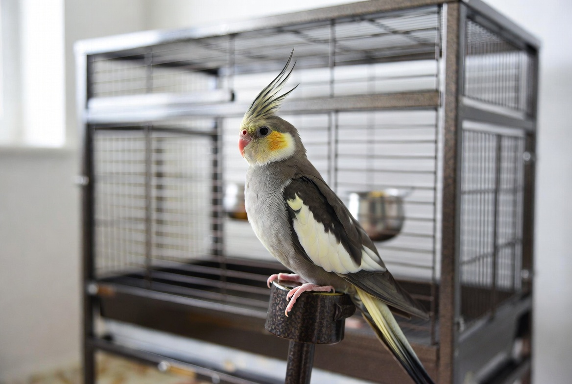 Cockatiel perched beside its cage and food dishes
