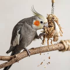 A cockatiel shredding a foraging toy on a natural branch perch
