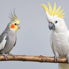 A cockatiel and a cockatoo side by side for comparison