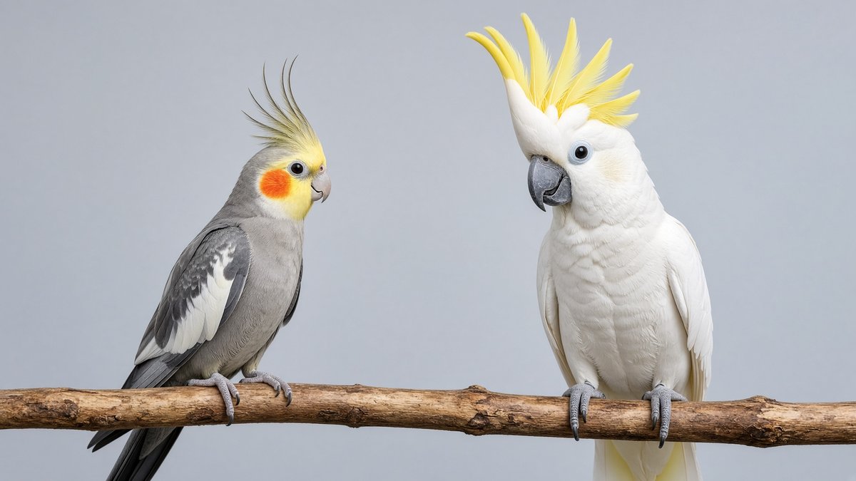A cockatiel and a cockatoo side by side for comparison