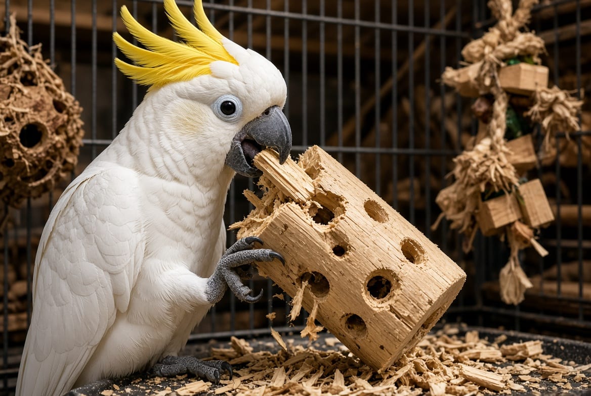 A sulphur-crested cockatoo working a wooden foraging toy apart with its foot and beak