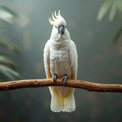 Cockatoo perched calmly in an enriched aviary space, feathers and crest visible
