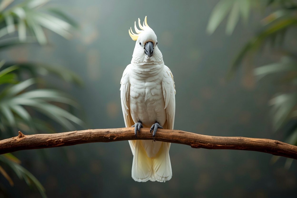 Cockatoo perched calmly in an enriched aviary space, feathers and crest visible