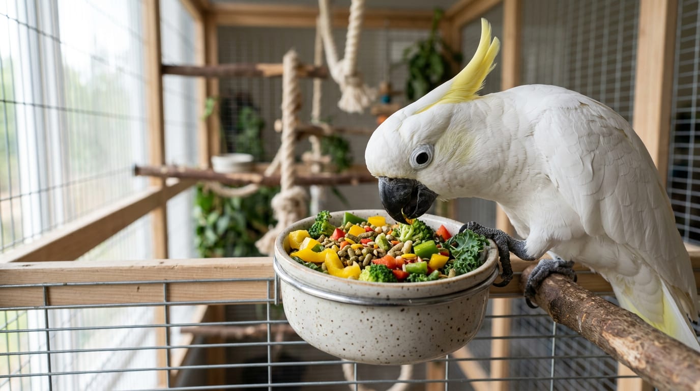 A cockatoo eating fresh vegetables and pellets from a food dish