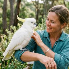 Cockatoo perched on an owner's arm during a calm handling session