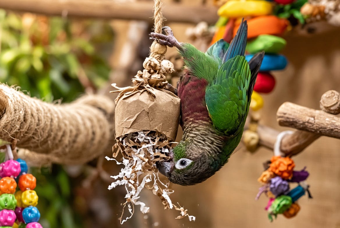A green cheek conure hanging upside down from a foraging toy, working at it with one foot