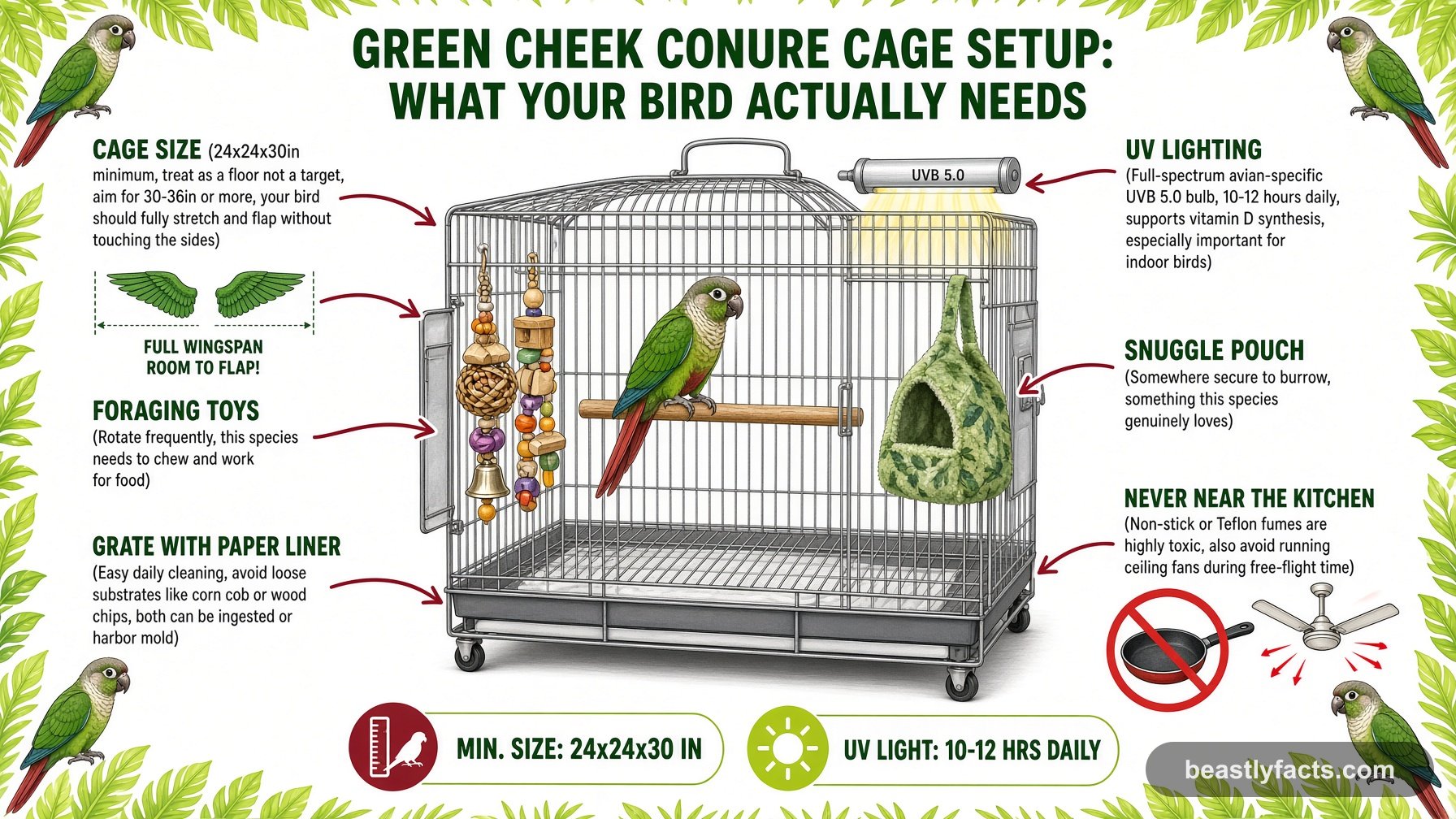 Labeled diagram of a green cheek conure cage showing UV lighting, foraging toys, and a snuggle pouch