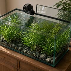 A box fan angled across the open top of an aquarium next to a room thermometer and a capped frozen water bottle, showing several ways to cool a tank without a chiller