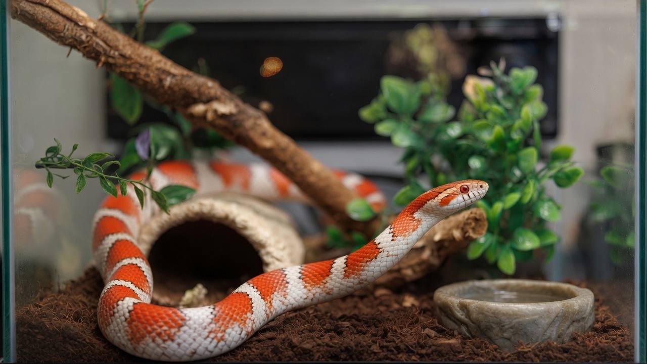 Corn snake in a fully equipped enclosure with hides and branches