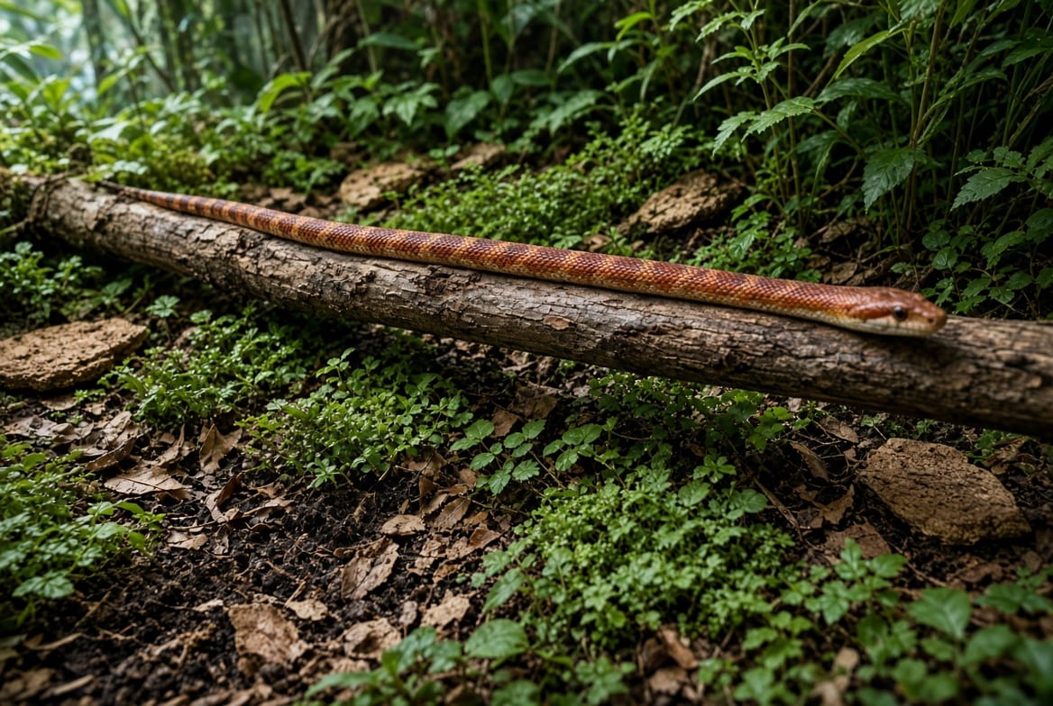 A corn snake stretched out across a branch in a planted enclosure