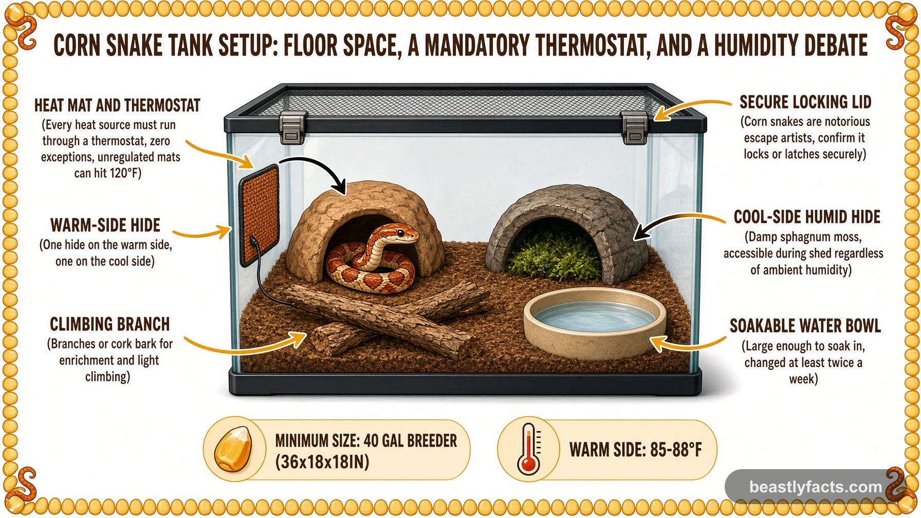 Labeled diagram of a corn snake tank showing the heat mat and thermostat, two hides, and a soakable water bowl