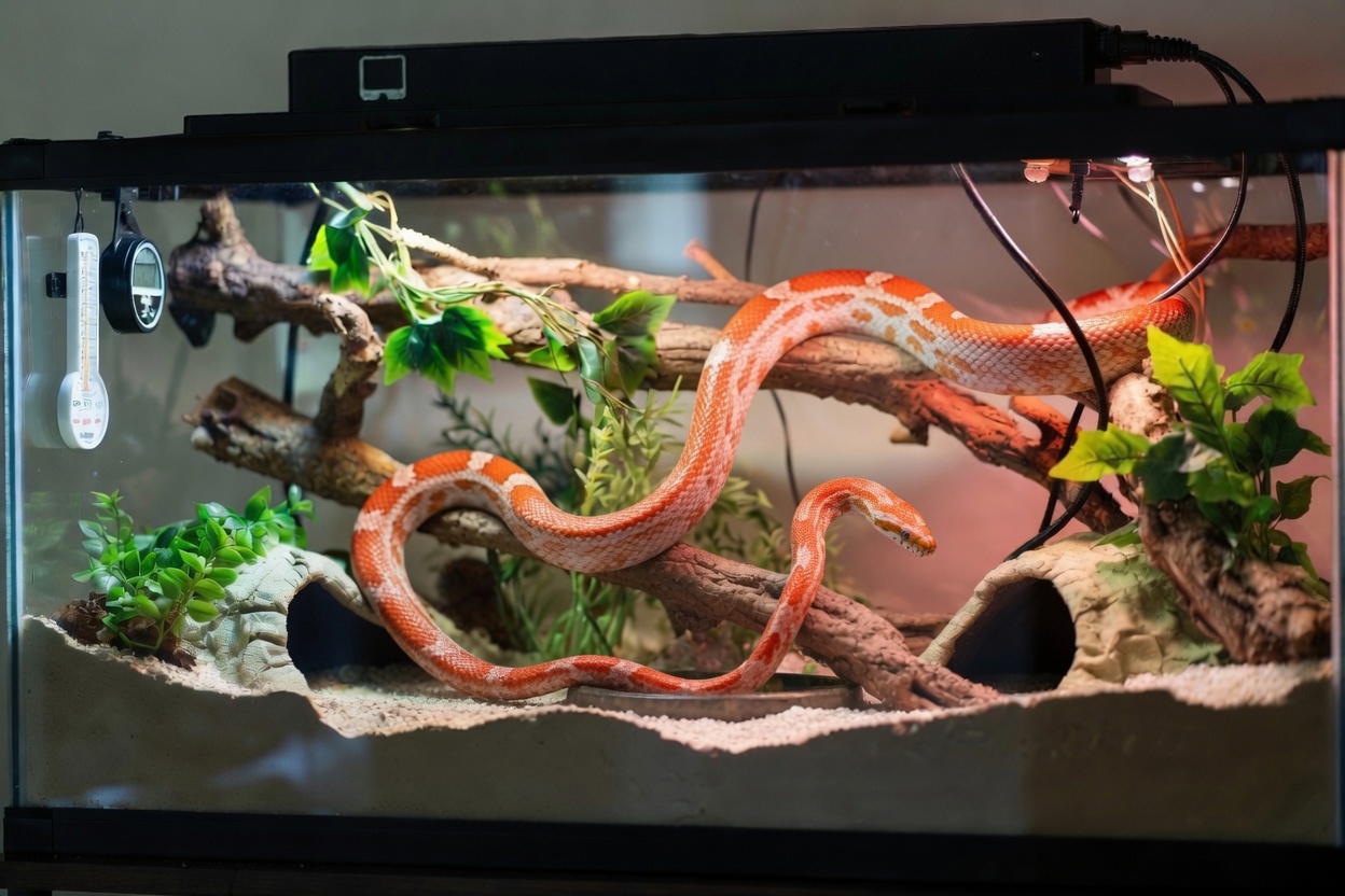 Corn snake enclosure with hides, water bowl, and climbing branches