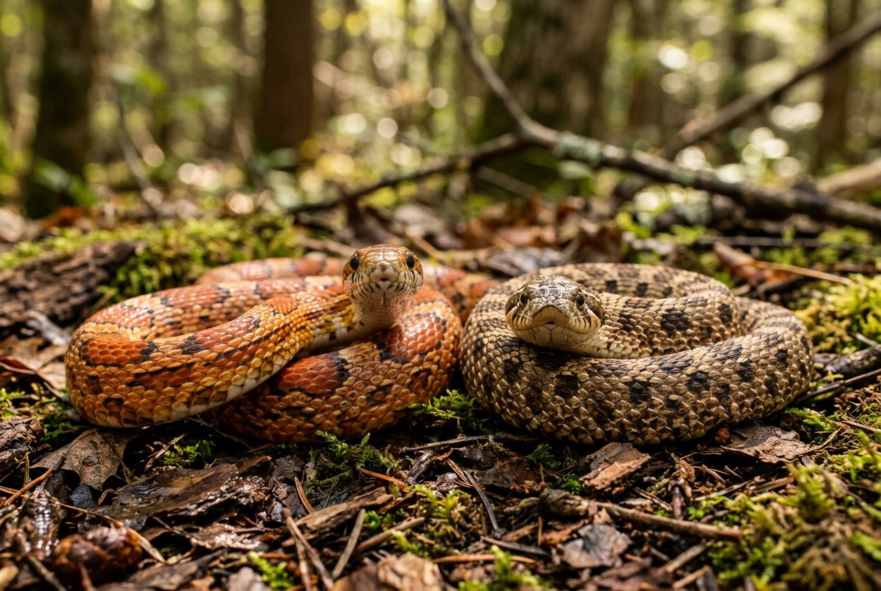 A corn snake and a hognose snake side by side for comparison