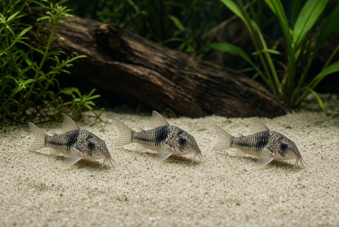 A group of corydoras catfish sifting fine sand with their barbels, snouts buried