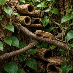 A crested gecko perched on a branch surrounded by foliage and cork tube hides