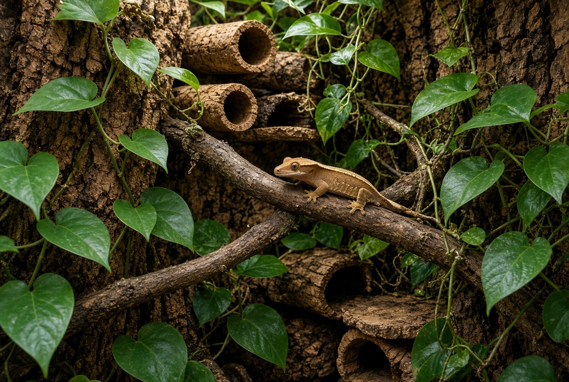 A crested gecko perched on a branch surrounded by foliage and cork tube hides