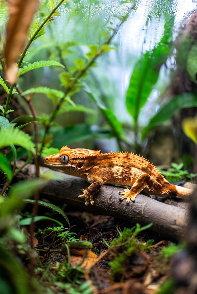 Crested gecko in a lush, humid tropical terrarium with visible mist and condensation