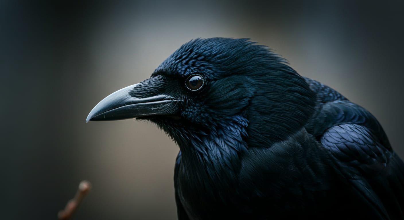 A close-up portrait of an American crow (Corvus brachyrhynchos) perched on a branch, its glossy black feathers and sharp intelligent eyes in sharp focus against a softly blurred background