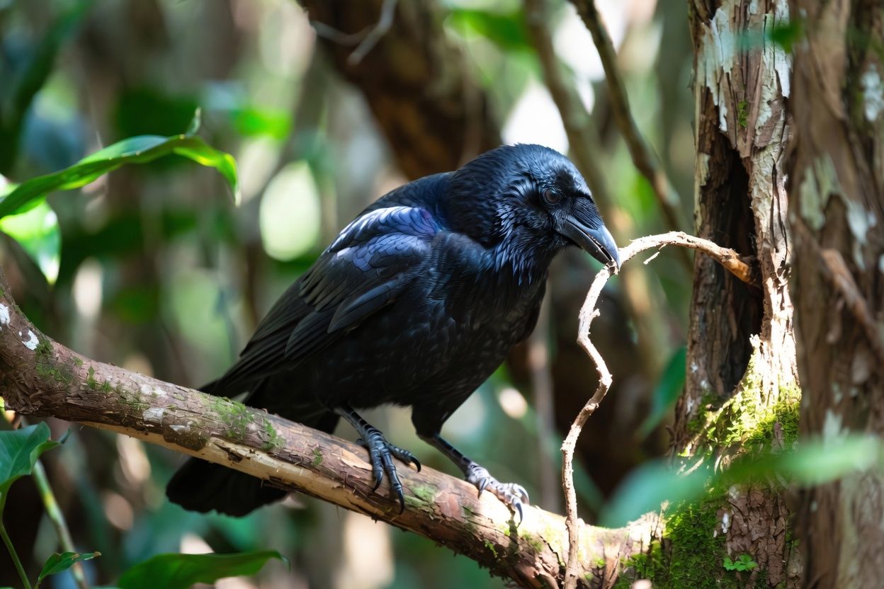 Crow picking up a stick