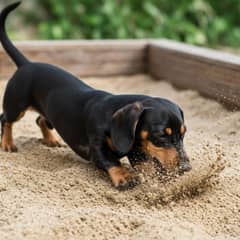 A dachshund digging into a sand pit with its nose buried, tail up