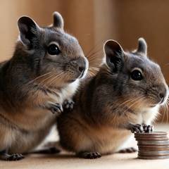 Two degus sitting together beside a small stack of coins
