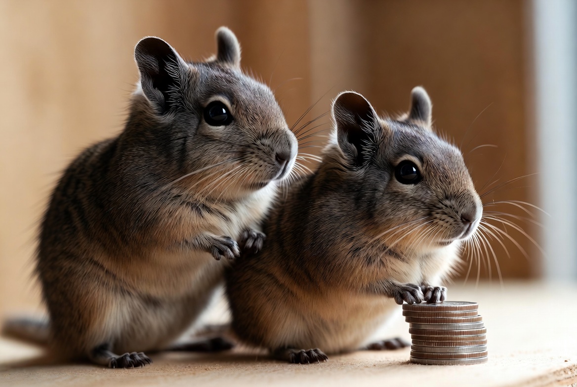 Two degus sitting together beside a small stack of coins
