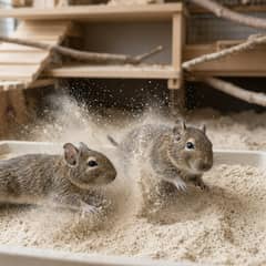 Two degus rolling in a shallow dust bath inside a tall multi-level cage
