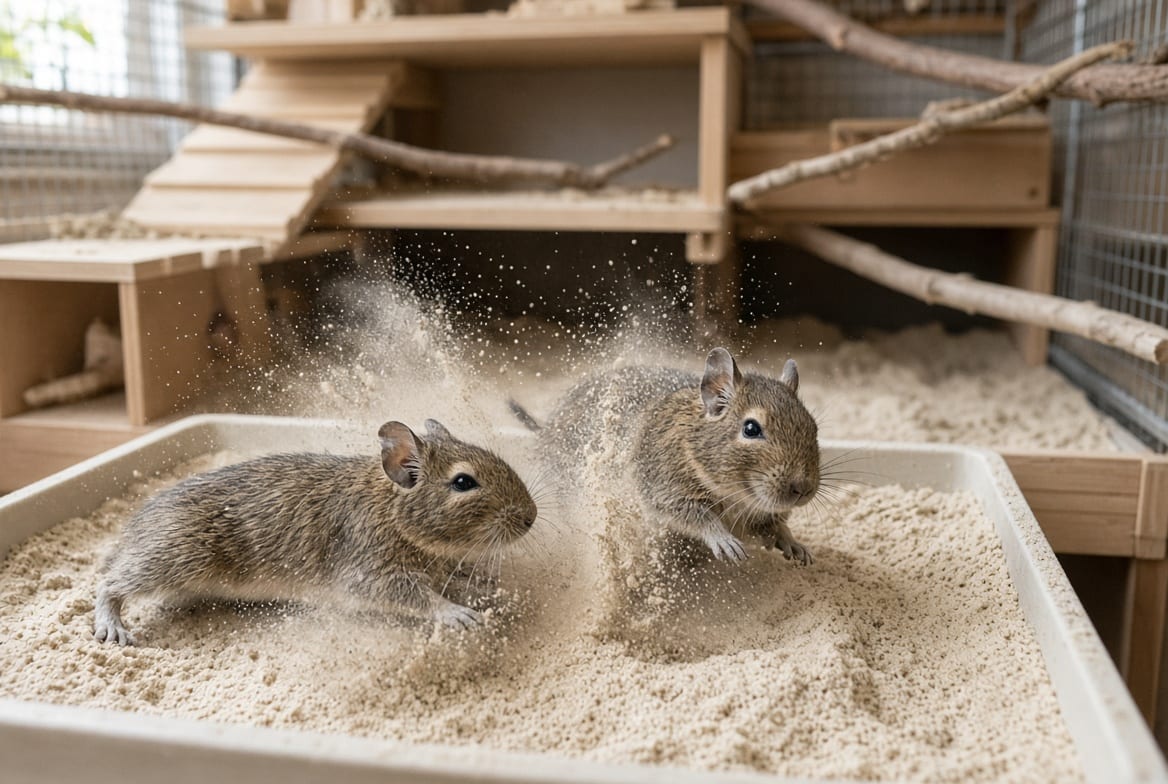Two degus rolling in a shallow sand bath inside a tall multi-level cage