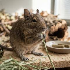 Degu eating timothy hay next to a small dish of sugar-free pellets