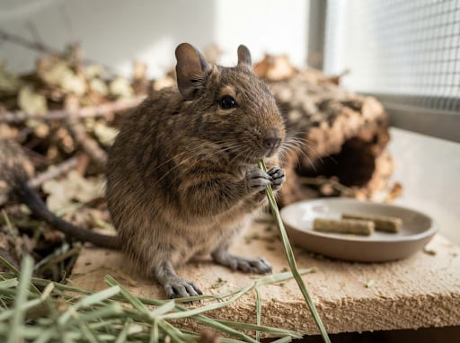 Degu eating timothy hay next to a small dish of sugar-free pellets