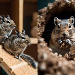 Side by side of a pair of degus on a climbing platform and a pair of gerbils digging in deep bedding