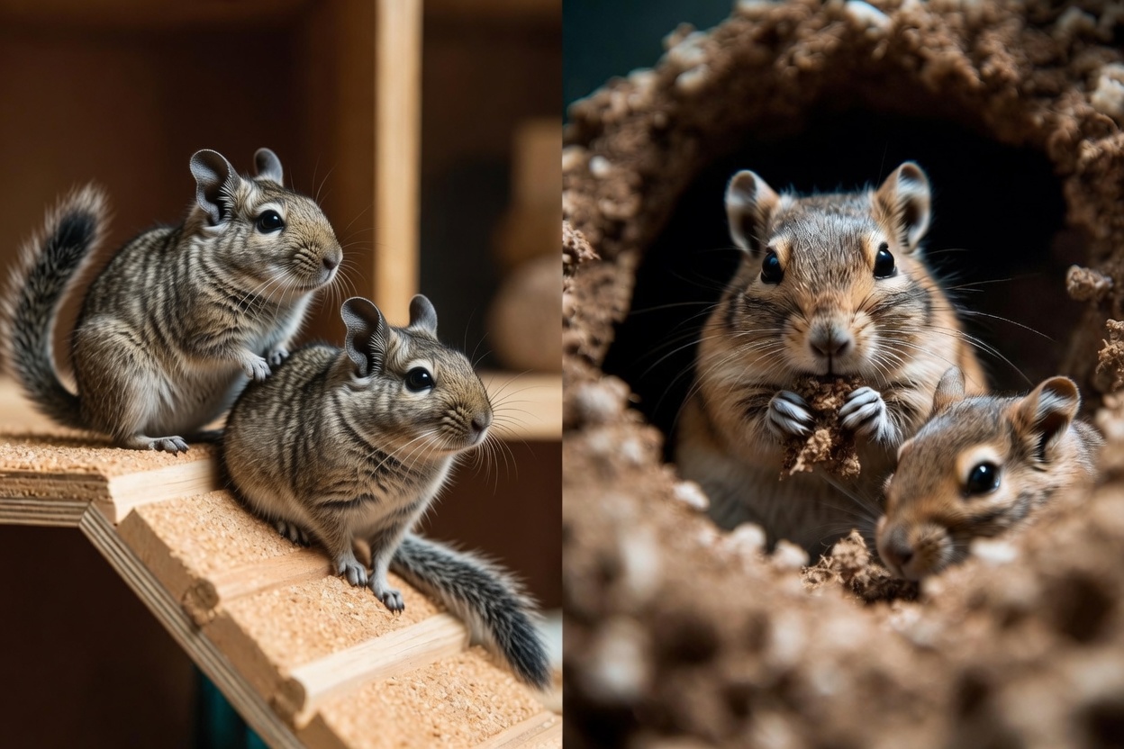 Side by side of a pair of degus on a climbing platform and a pair of gerbils digging in deep bedding