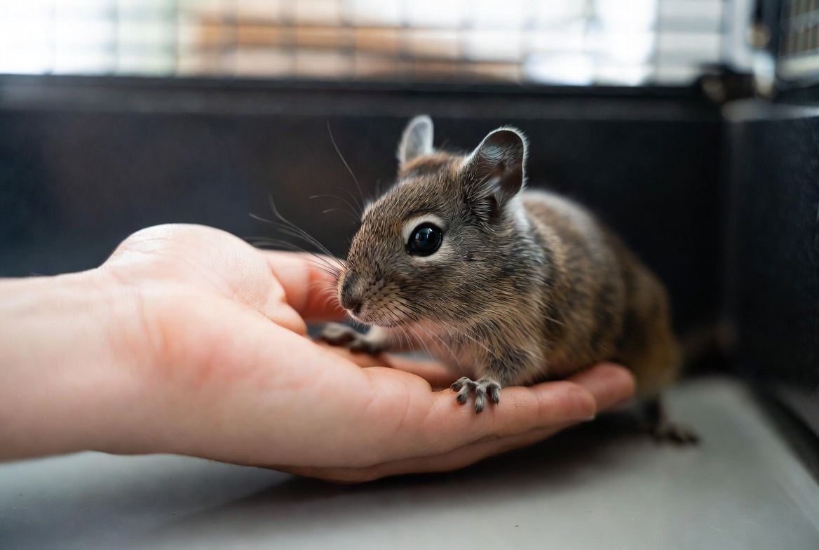 Person letting a degu climb onto their open hand