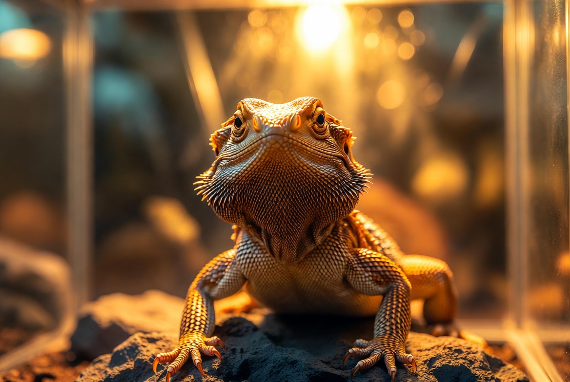 Bearded dragon basking regally under golden terrarium light, eyes commanding