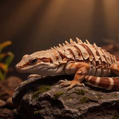 Bearded dragon rubs against a basking rock as dull, papery old skin peels away to reveal brighter gold scales underneath