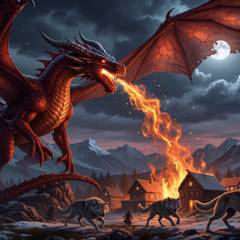 An ancient red dragon with black spines breathes a long column of fire over a moonlit mountain village to drive off a wolf pack.