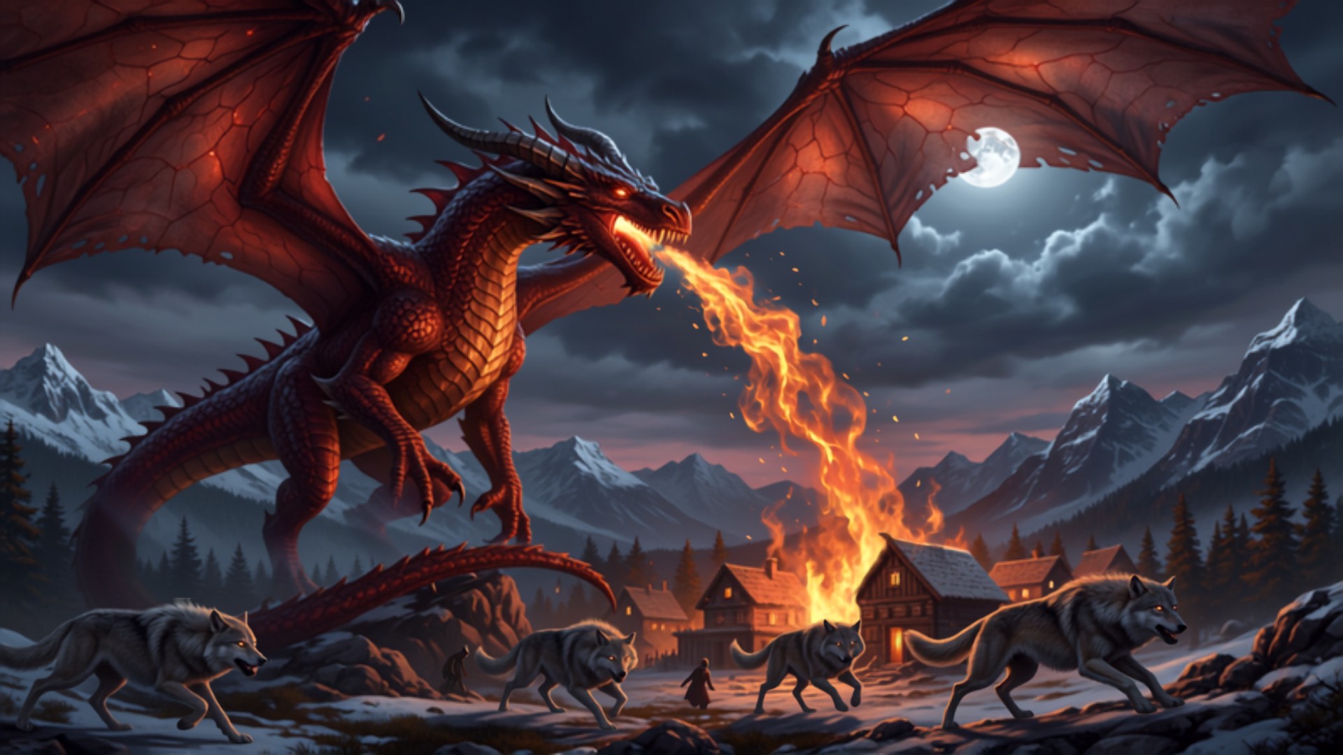 An ancient red dragon with black spines breathes a long column of fire over a moonlit mountain village to drive off a wolf pack.